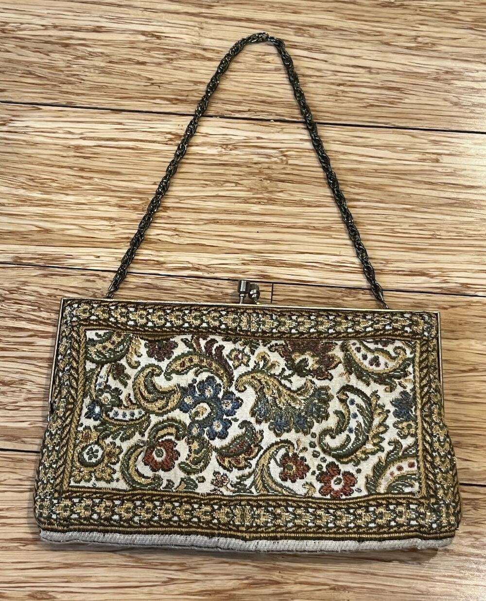 Vtg Small Tapestry Bag Purse Clutch Gold Thread Accents Hong Kong 7.25”